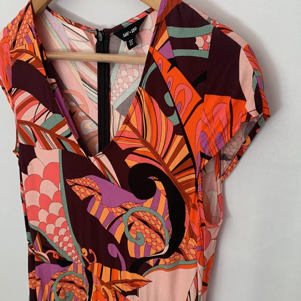 Saint + Sofia Jocelyn Cap Sleeve V-Neck Midi Dress Paisley Retro Red Palm Size 4 - Picture 12 of 16